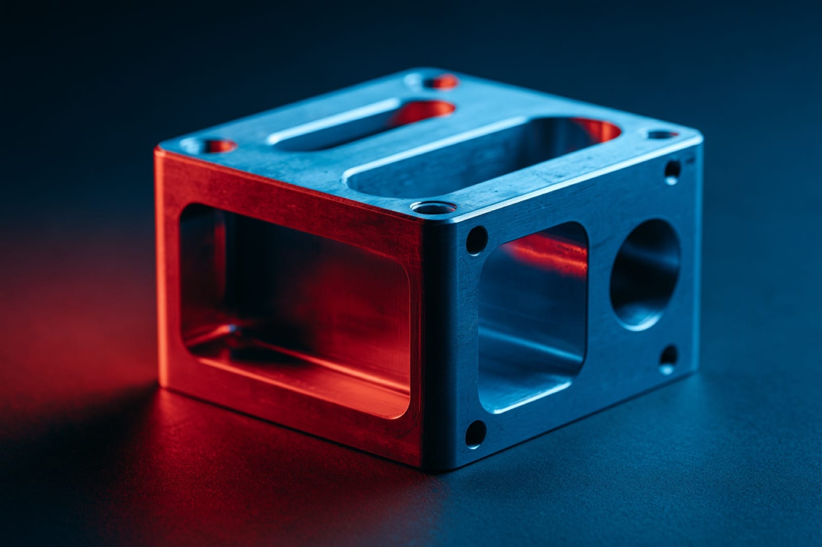 Mehrkammer-Gehäuse in rotem und blauem Lichtkontrast.